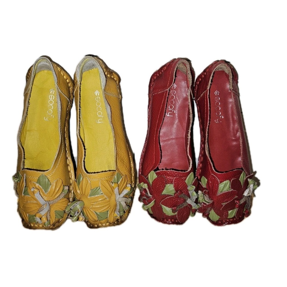 SOCOFY 2 Pr Red & Yellow Leather Slip On Shoes Womens Sz US 8 To 8.5 EUC